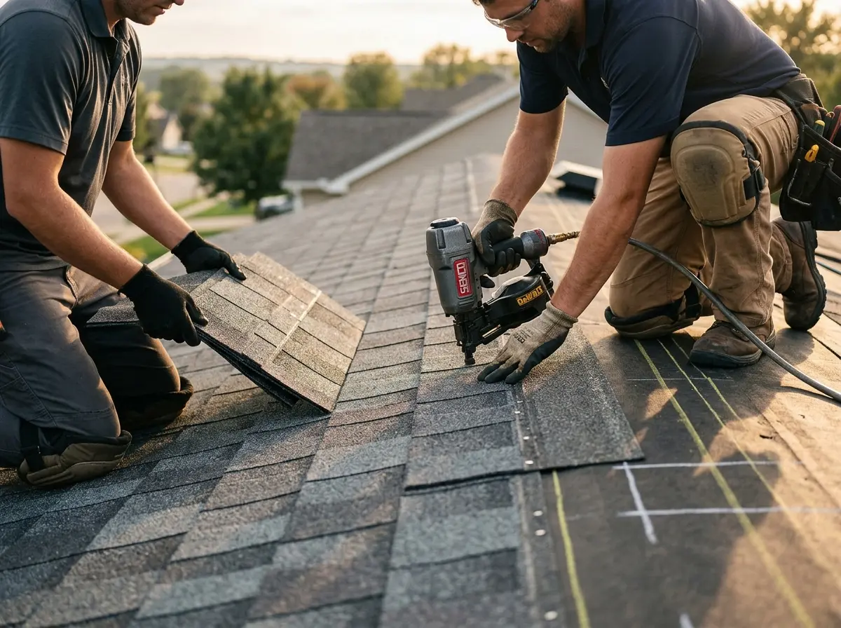 Professional roofer working on a residential roof in Belle Haven